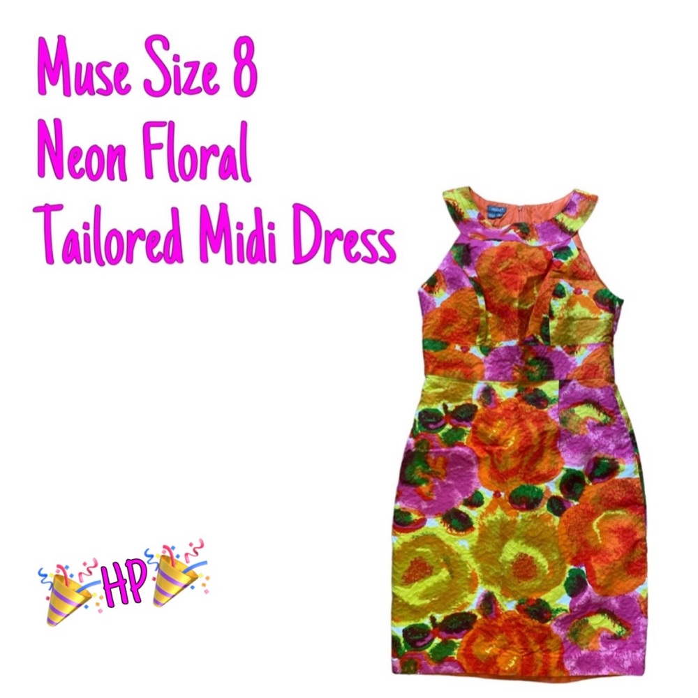 🎉HP🎉 Muse Size 8 Neon Floral MIDI Empire Waist Dress - Picture 1 of 8